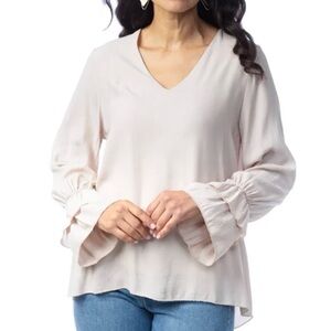 Cobblestone Living Genevieve Beige V-Neck Ruffled Long Sleeve Top, Size U